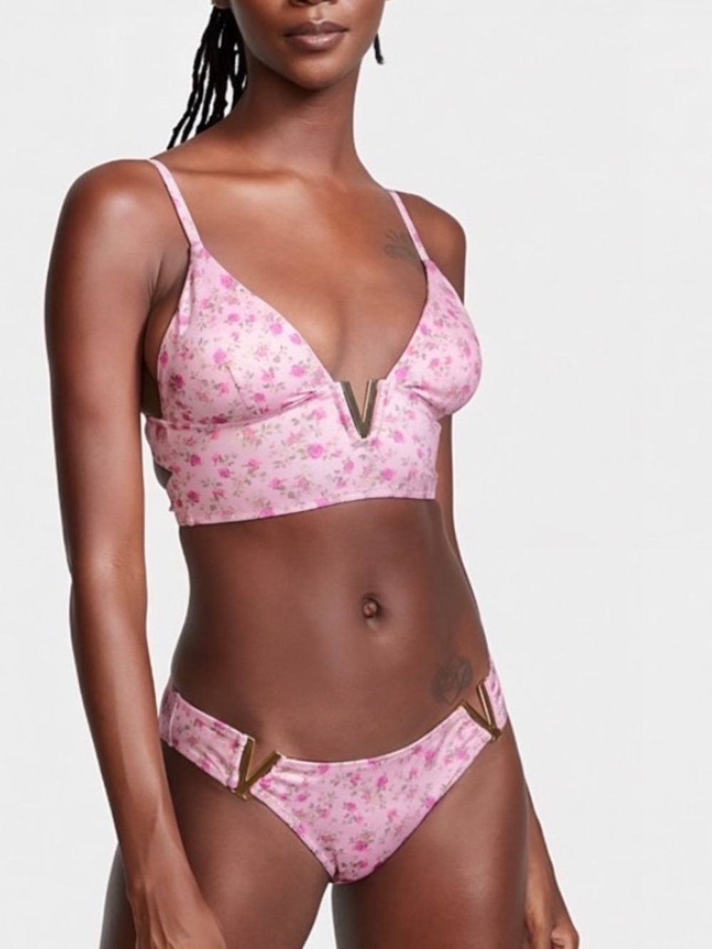 Pink Floral V-Accent Bikini Set Sz medium